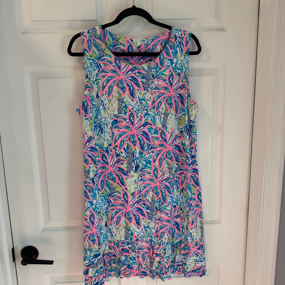 Lilly Pulitzer Shift Dress Women's Sz XL Blue Pink Tropical Ruffle Hem 0101292 - Picture 1 of 7